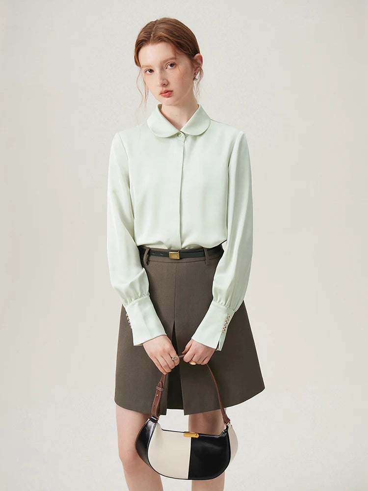Versatile white Peter-Pan collar chiffon shirt for women – long sleeves, elegant and youthful style.
