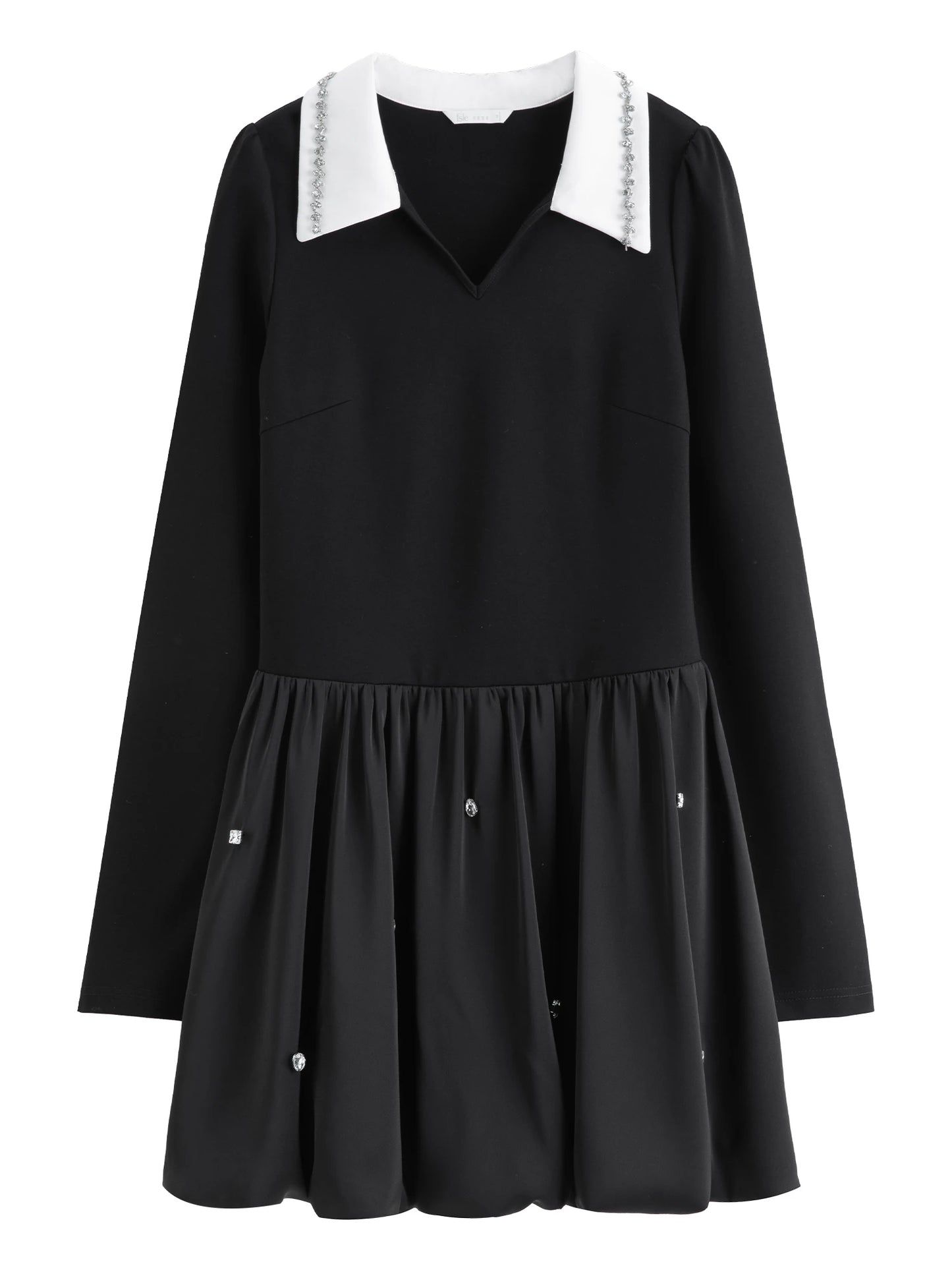 Short Black Dress - V-Neck wiht Embroidered Details