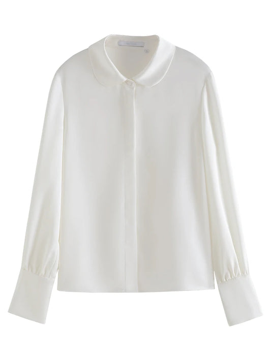 Versatile white Peter-Pan collar chiffon shirt for women – long sleeves, elegant and youthful style.