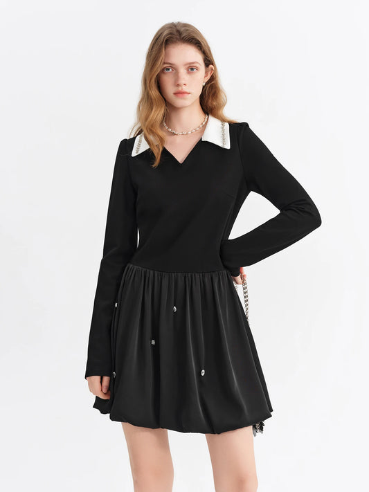 Short Black Dress - V-Neck wiht Embroidered Details