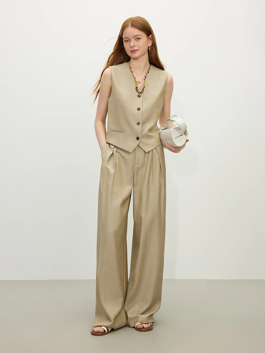Vintage Tailored Linen Vest & Wide-Leg Pants Set