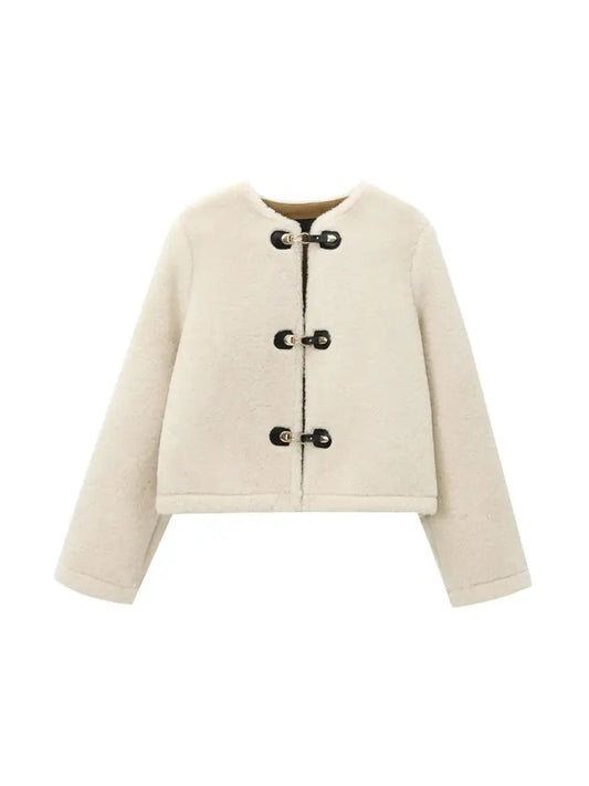 Warm faux fur jacket with long sleeves and front toggle.