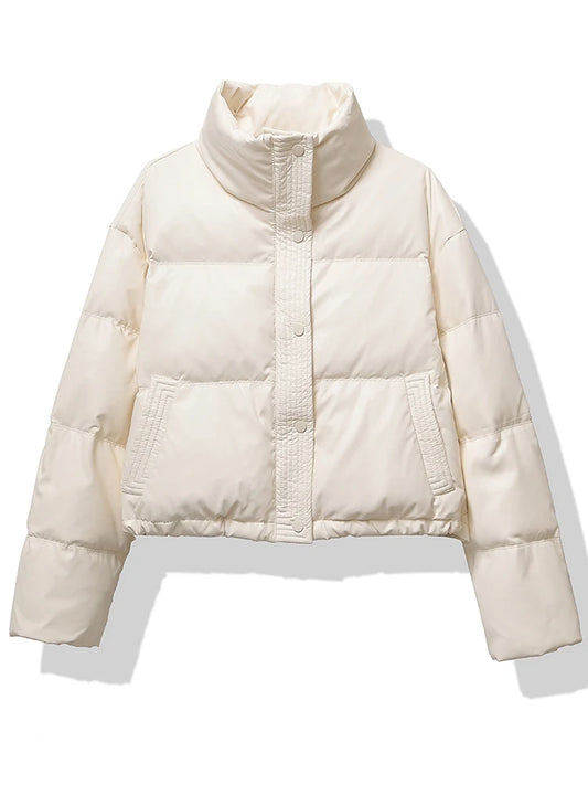 Warm cotton-padded jacket with mock neck and relaxed fit.
