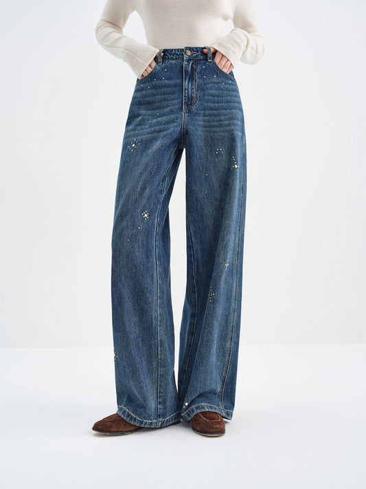 Women's retro diamond-washed straight jeans – premium winter streetwear, stylish and comfortable.