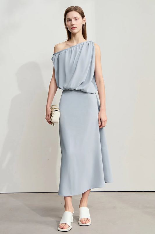 Women’s asymmetric off-shoulder long dress – luxurious black chiffon, elegant and sexy.