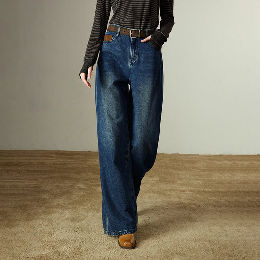 Wide-leg split denim pants – structured, color-contrast, winter style.